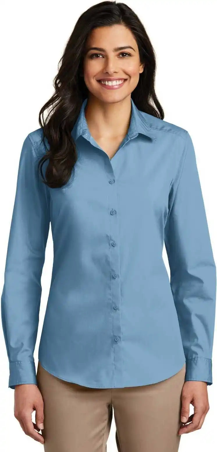 Port Authority Lw100 Ladies Long Sleeve Carefree Poplin Shirt Carolina Blue
