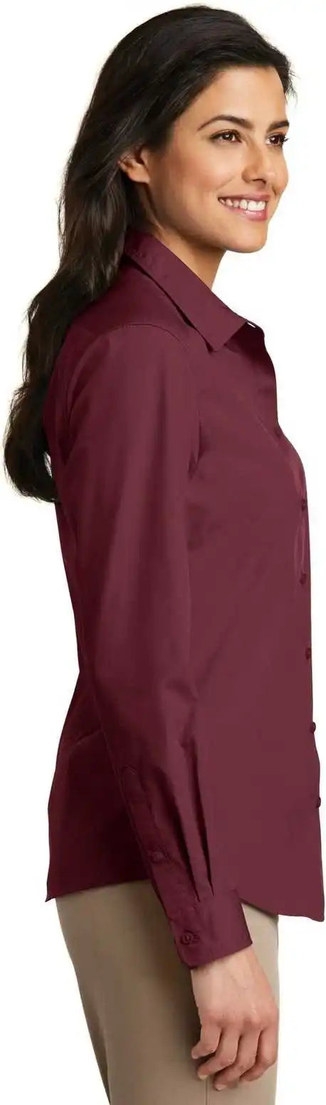 Port Authority Lw100 Ladies Long Sleeve Carefree Poplin Shirt Burgundy