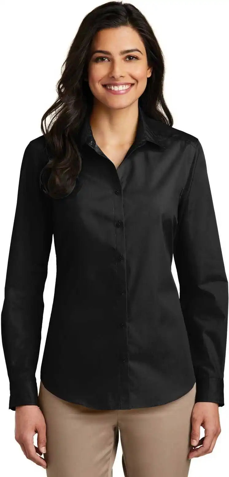 Port Authority Lw100 Ladies Long Sleeve Carefree Poplin Shirt - Deep Black