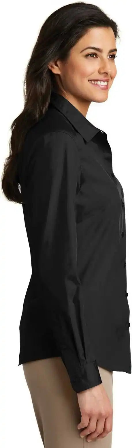 Port Authority Lw100 Ladies Long Sleeve Carefree Poplin Shirt Deep Black