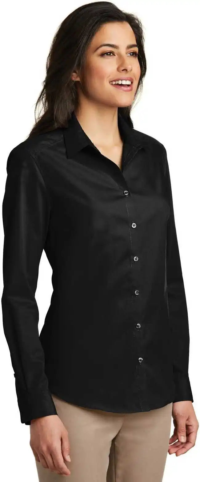 Port Authority Lw100 Ladies Long Sleeve Carefree Poplin Shirt Deep Black