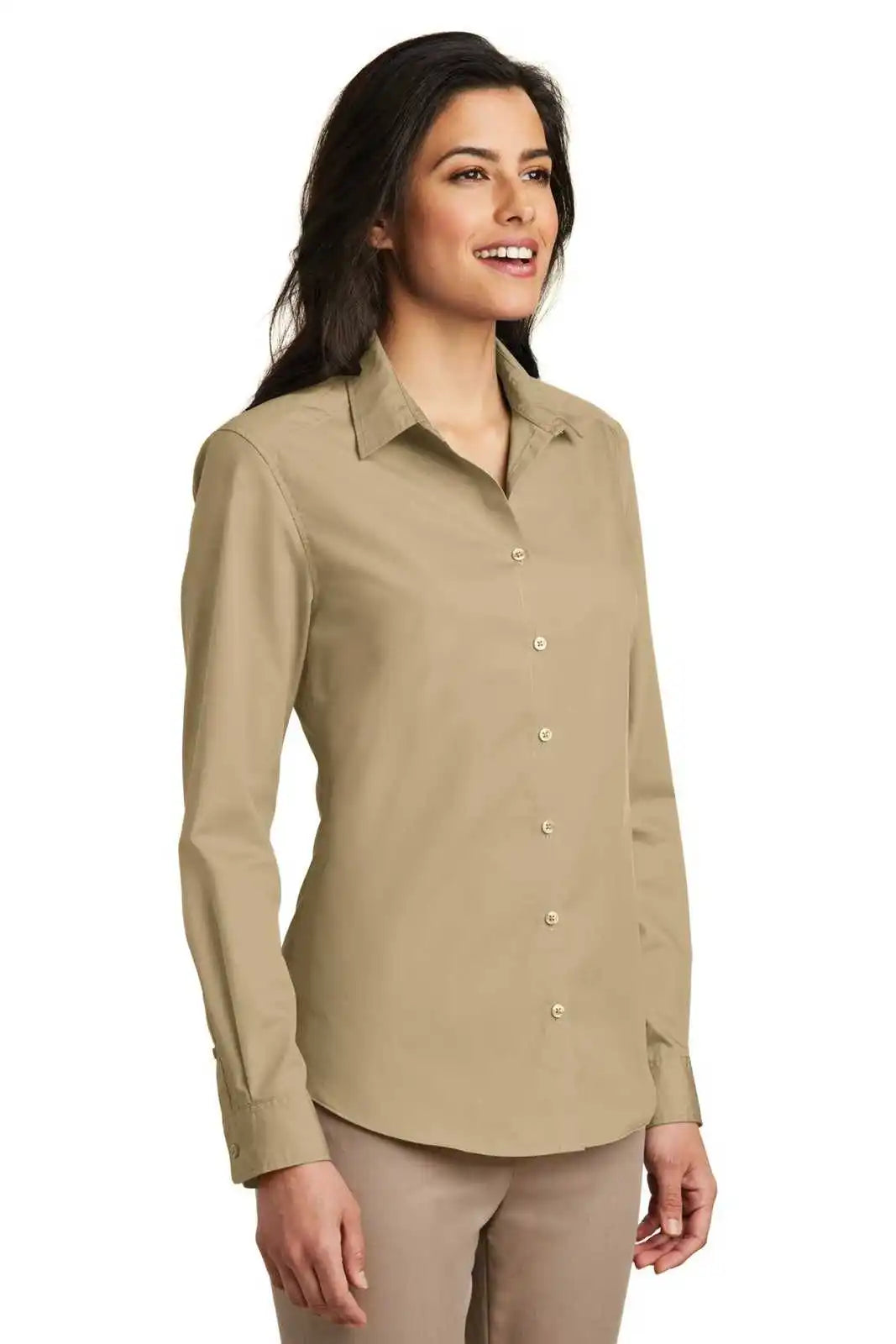 Port Authority Lw100 Ladies Long Sleeve Carefree Poplin Shirt Wheat