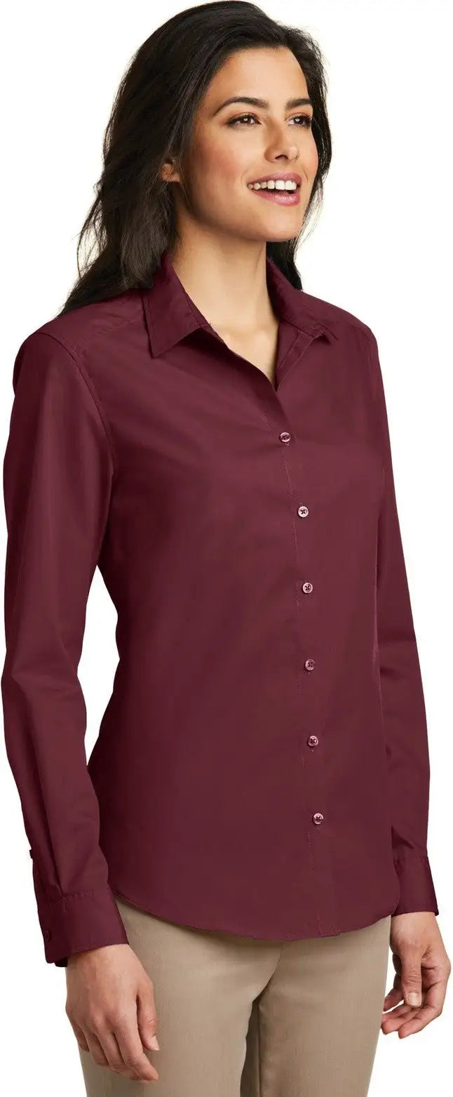 Port Authority Lw100 Women’s Long Sleeve Carefree Poplin Shirt - Burgundy