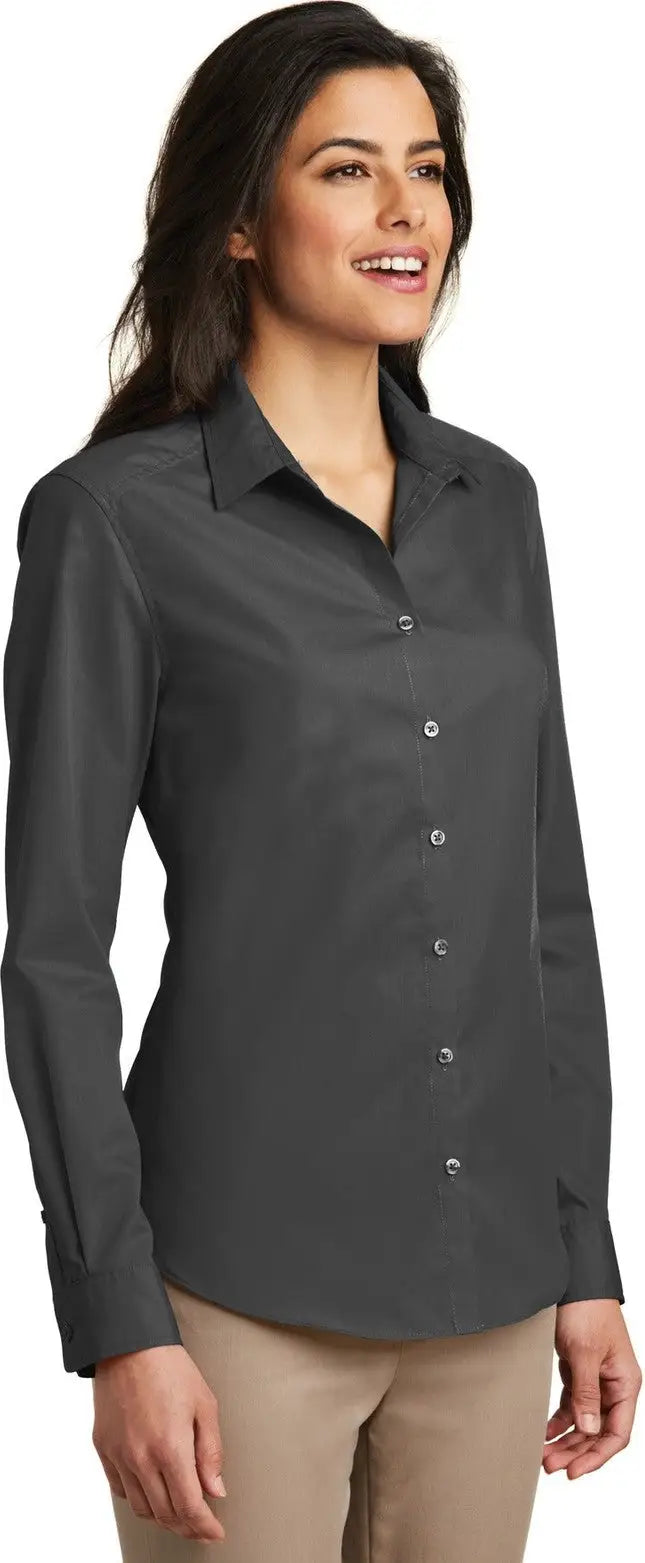 Port Authority Lw100 Women’s Long Sleeve Carefree Poplin Shirt - Graphite