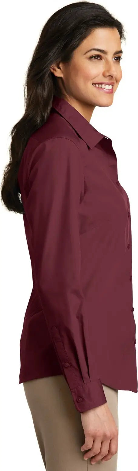 Port Authority Lw100 Women’s Long Sleeve Carefree Poplin Shirt - Burgundy