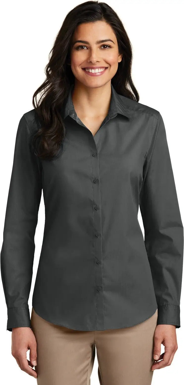 Port Authority Lw100 Women’s Long Sleeve Carefree Poplin Shirt - Graphite - Ladies Xs