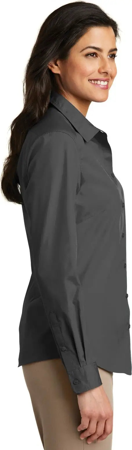 Port Authority Lw100 Women’s Long Sleeve Carefree Poplin Shirt - Graphite