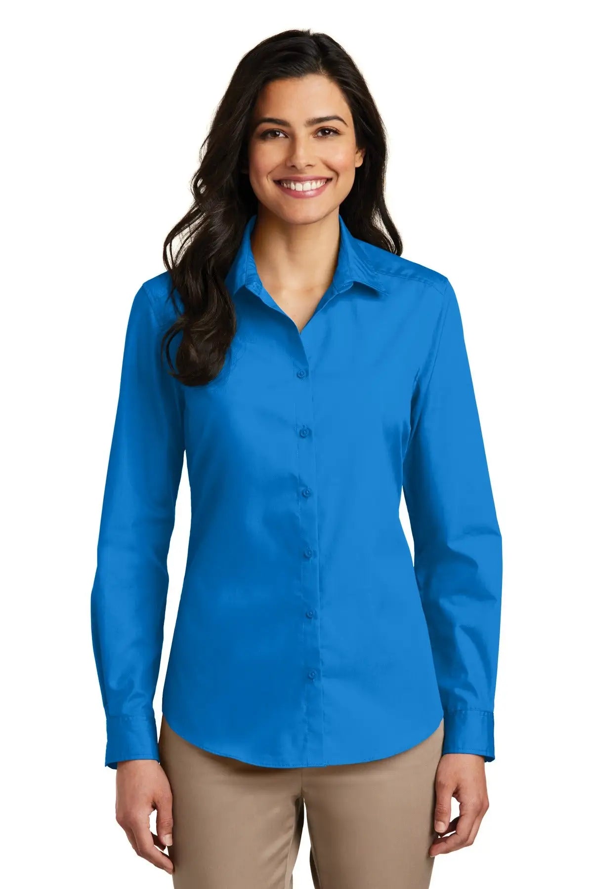 Port Authority Lw100 Women’s Long Sleeve Carefree Poplin Shirt - Coastal Blue - Ladies Xs