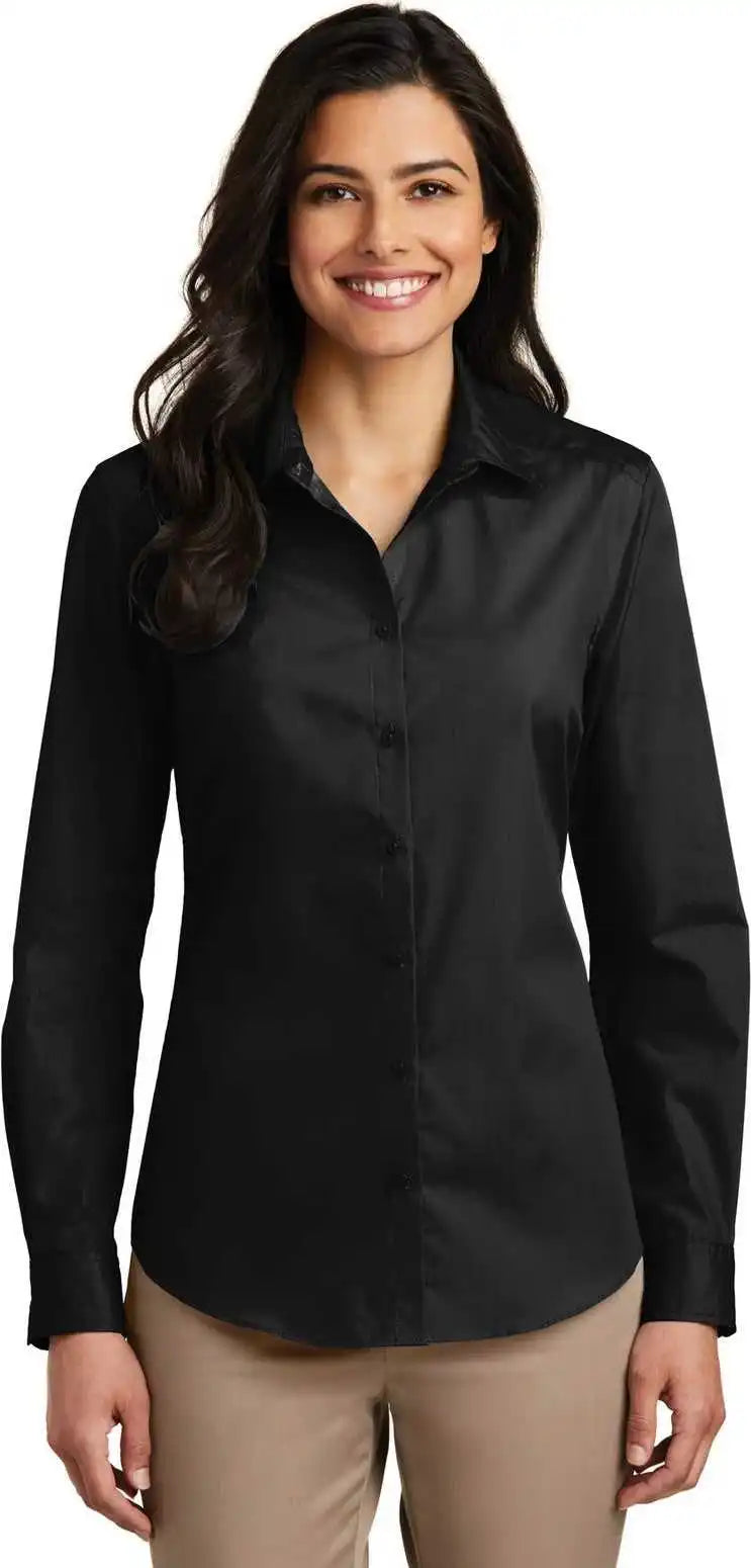 Port Authority Lw100 Women’s Long Sleeve Carefree Poplin Shirt - Deep Black