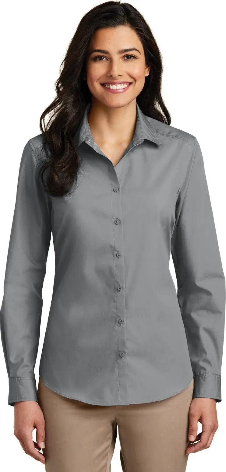 Port Authority Lw100 Women’s Long Sleeve Carefree Poplin Shirt - Gusty Gray - Ladies Xs