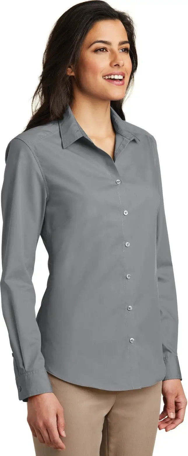 Port Authority Lw100 Women’s Long Sleeve Carefree Poplin Shirt - Gusty Gray