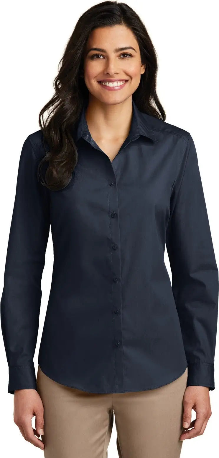 Port Authority Lw100 Women’s Long Sleeve Carefree Poplin Shirt - River Blue Navy - Ladies Xs