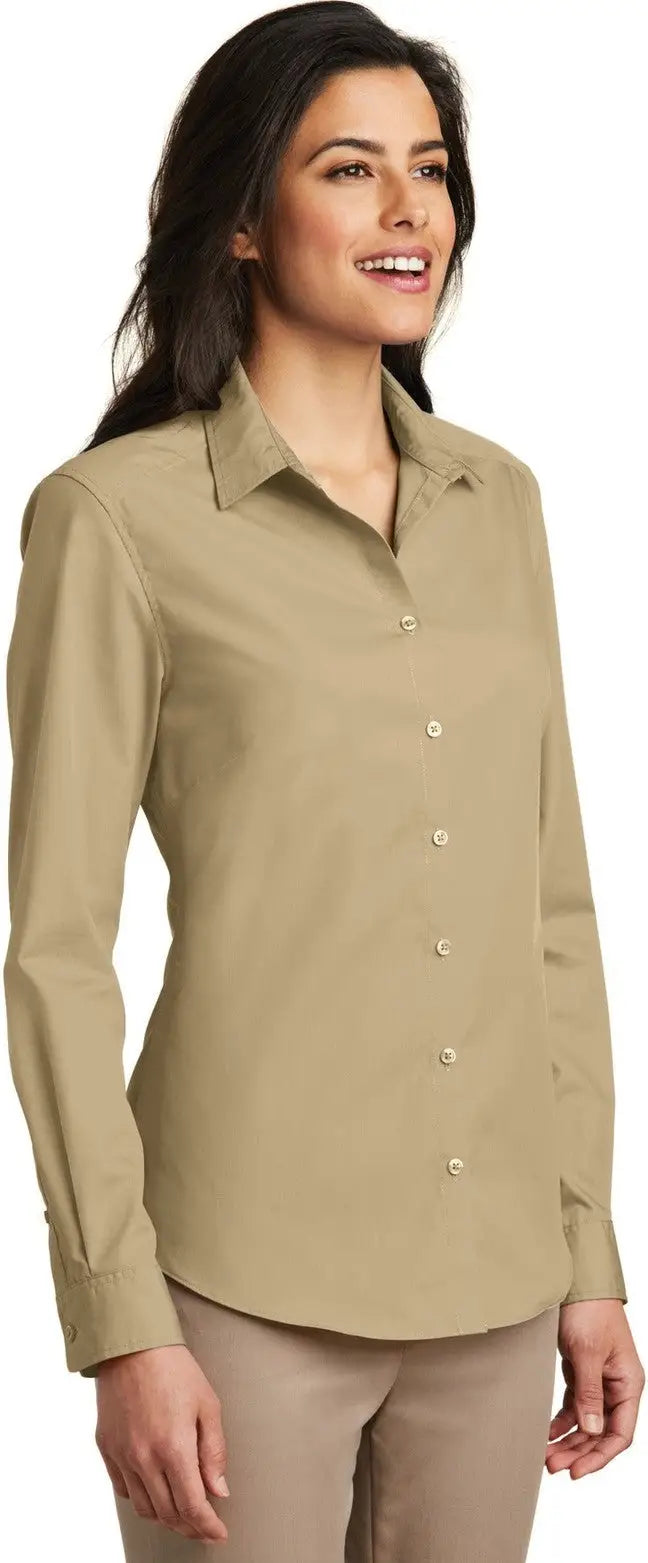 Port Authority Lw100 Women’s Long Sleeve Carefree Poplin Shirt - Wheat