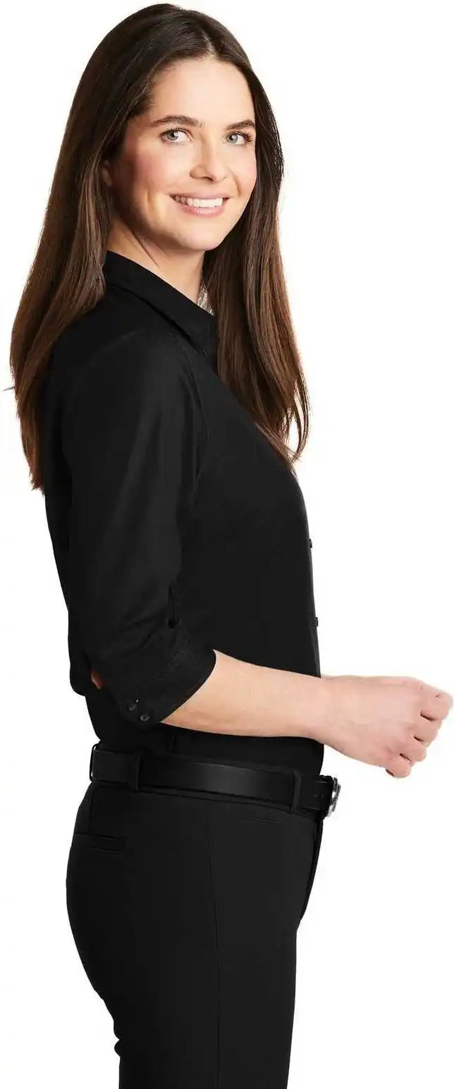 Port Authority Lw102 Ladies 3/4 Sleeve Carefree Poplin Shirt Deep Black