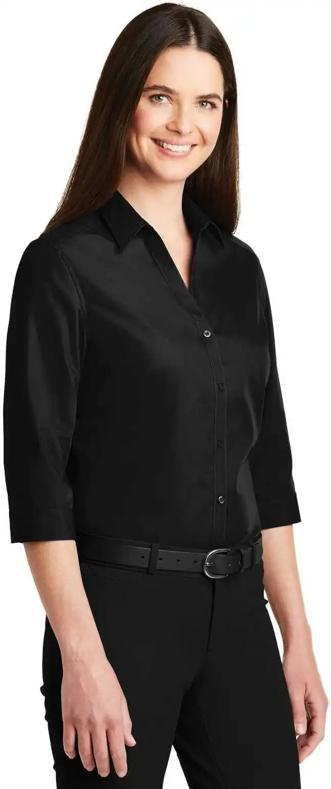 Port Authority Lw102 Ladies 3/4 Sleeve Carefree Poplin Shirt Deep Black