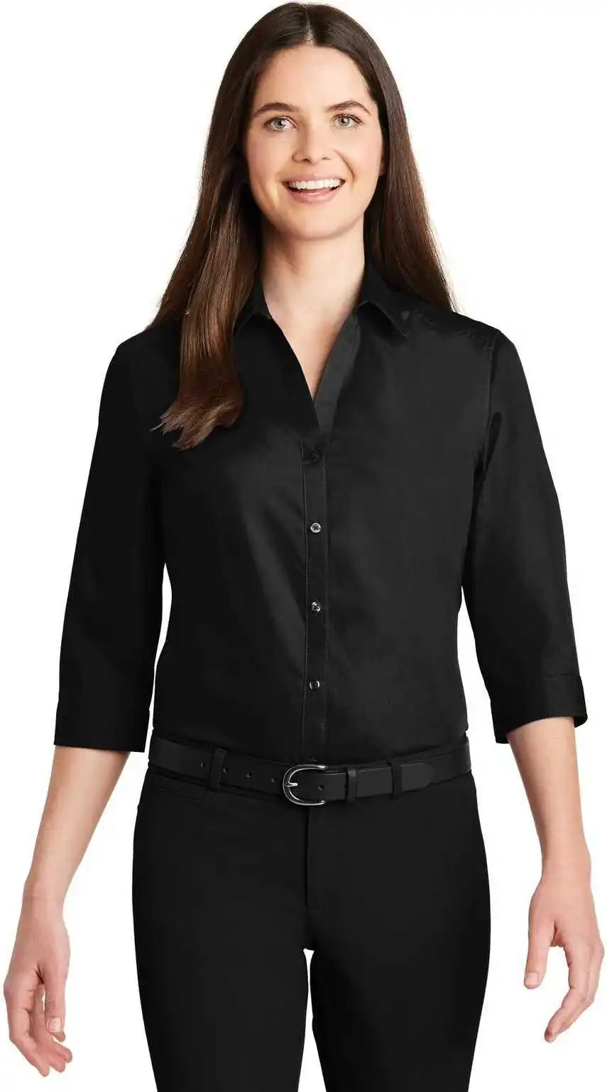 Port Authority Lw102 Ladies 3/4 Sleeve Carefree Poplin Shirt Deep Black