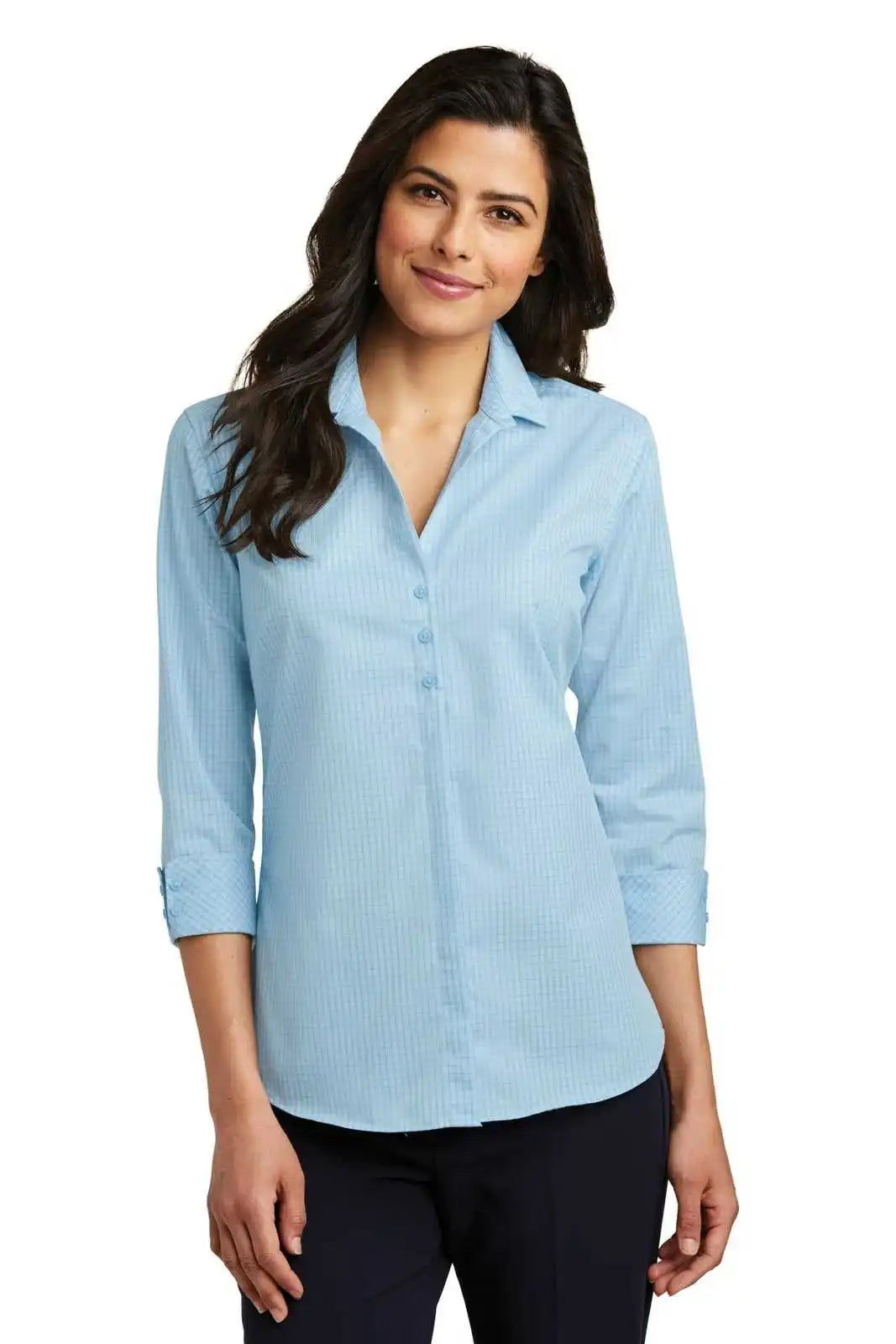 Port Authority Lw643 Ladies 3/4-sleeve Micro Tattersall Easy Care Shirt - Heritage Blue Royal