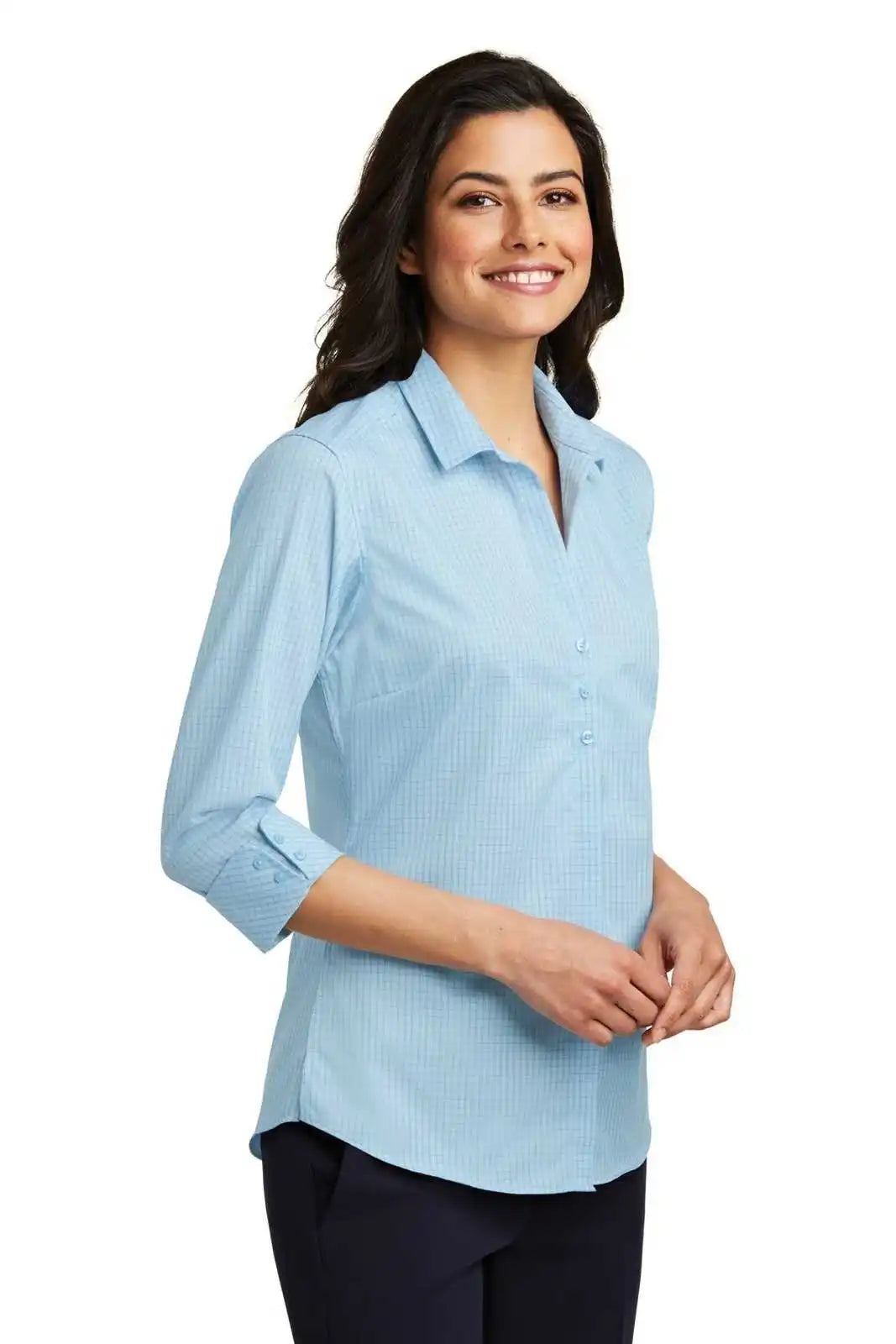 Port Authority Lw643 Ladies 3/4-sleeve Micro Tattersall Easy Care Shirt - Heritage Blue Royal