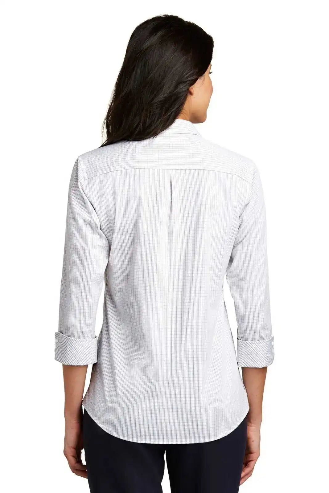 Port Authority Lw643 Ladies 3/4-sleeve Micro Tattersall Easy Care Shirt - White Dark Gray