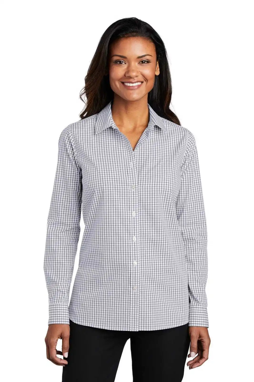 Port Authority Lw644 Ladies Broadcloth Gingham Easy Care Shirt - Gusty Gray White