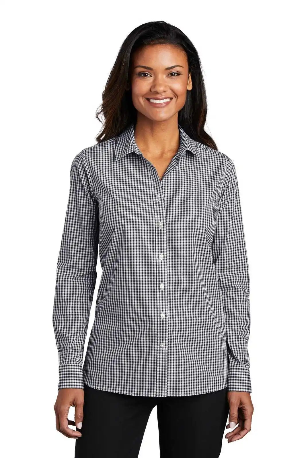 Port Authority Lw644 Ladies Broadcloth Gingham Easy Care Shirt - Black White