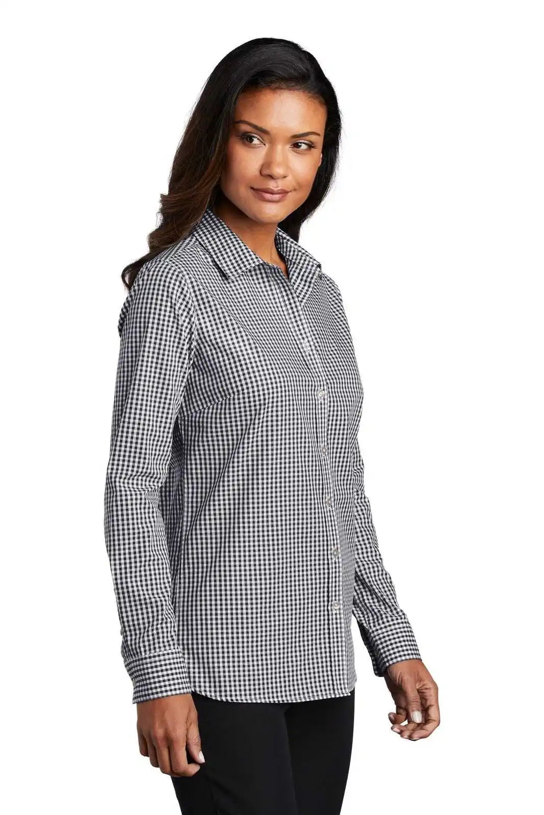 Port Authority Lw644 Ladies Broadcloth Gingham Easy Care Shirt - Black White