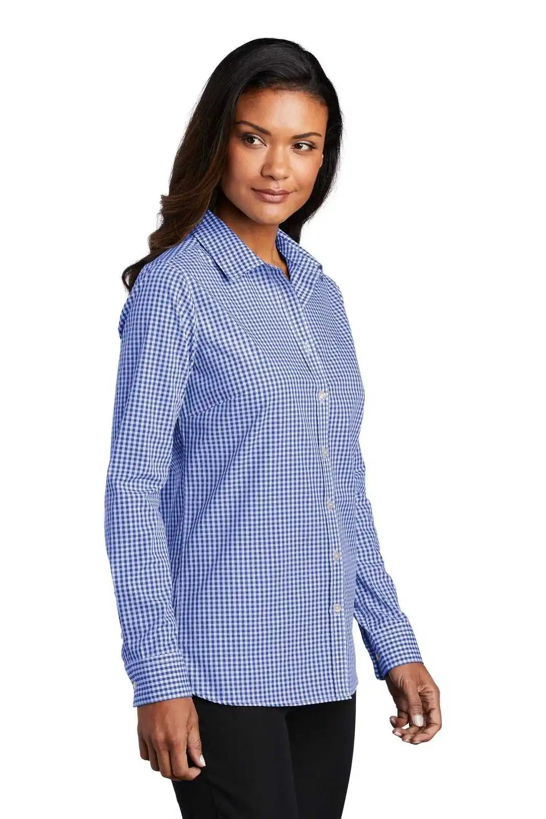 Port Authority Lw644 Ladies Broadcloth Gingham Easy Care Shirt - True Royal White