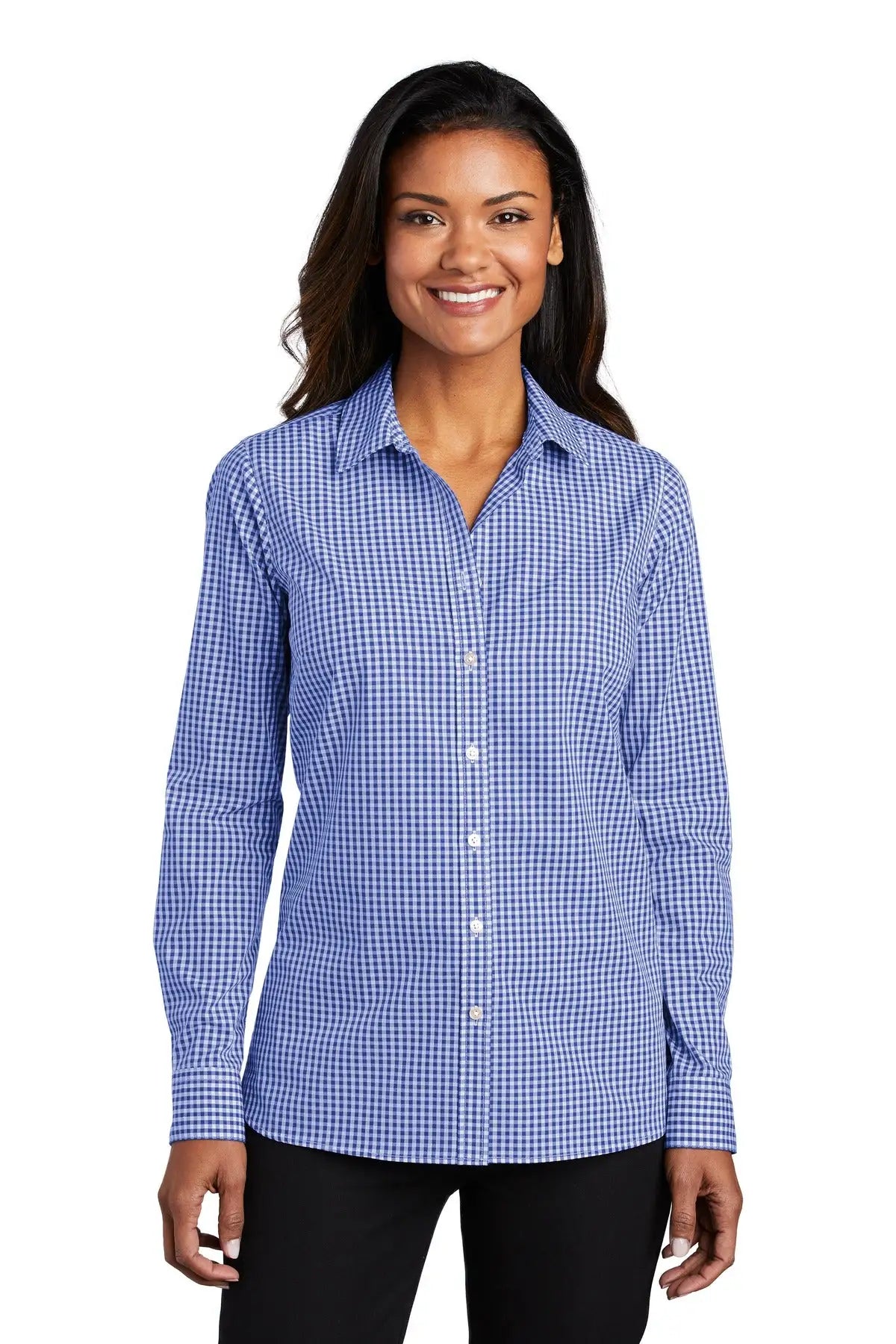 Port Authority Lw644 Women’s Broadcloth Gingham Easy Care Shirt - True Royal White