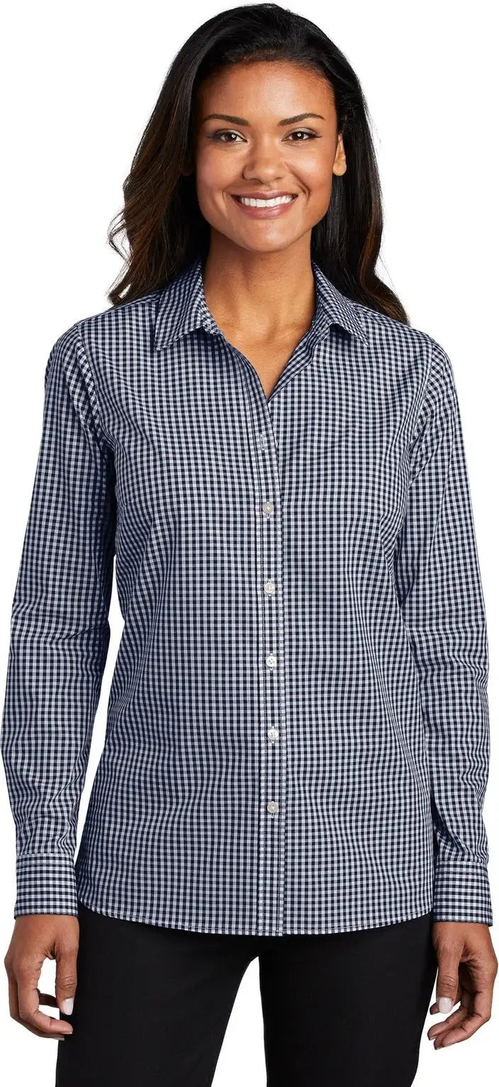 Port Authority Lw644 Women’s Broadcloth Gingham Easy Care Shirt - True Navy White