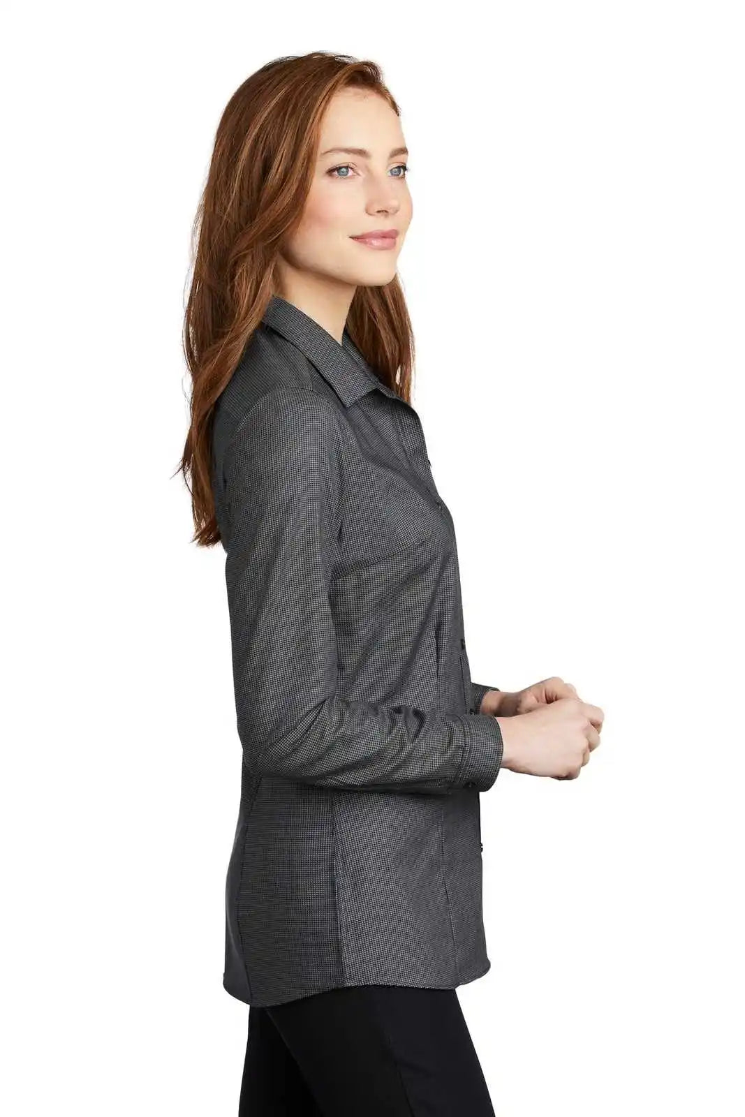 Port Authority Lw645 Ladies Pincheck Easy Care Shirt - Black Gray Steel