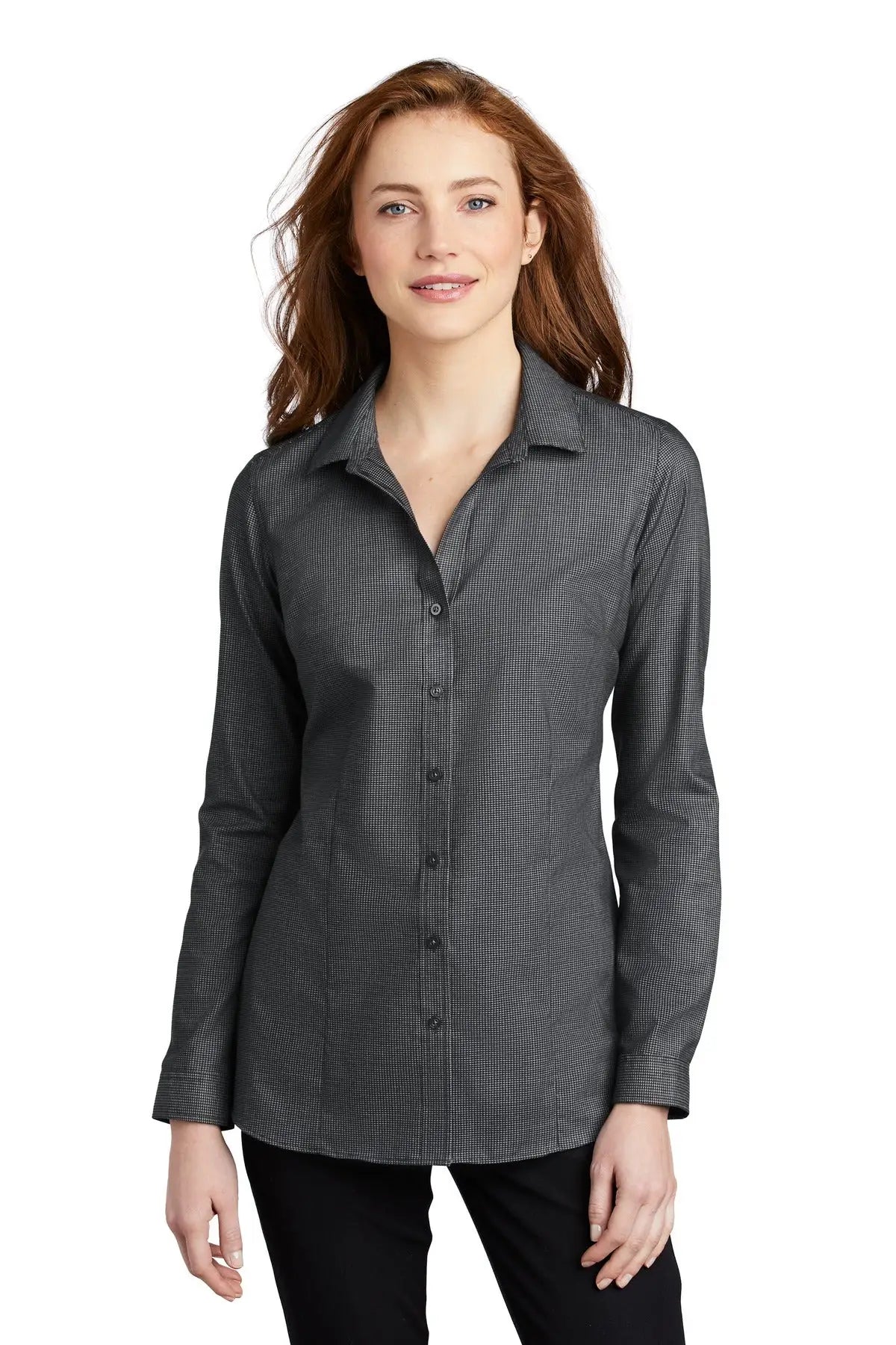 Port Authority Lw645 Women’s Pincheck Easy Care Shirt - Black Gray Steel