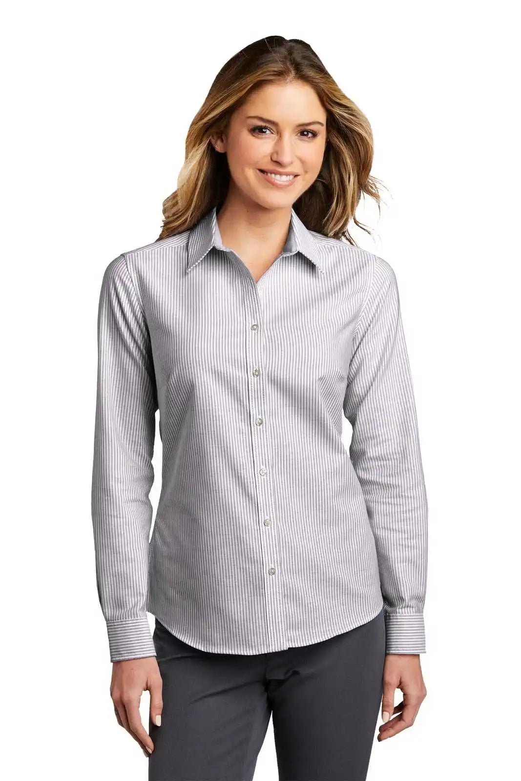 Port Authority Lw657 Ladies Superpro Oxford Stripe Shirt - Black/ White