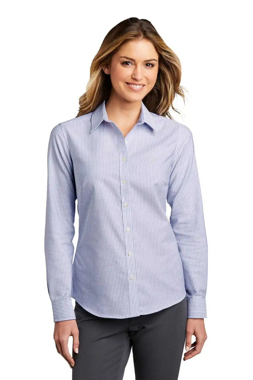 Port Authority Lw657 Ladies Superpro Oxford Stripe Shirt - Blue/ White