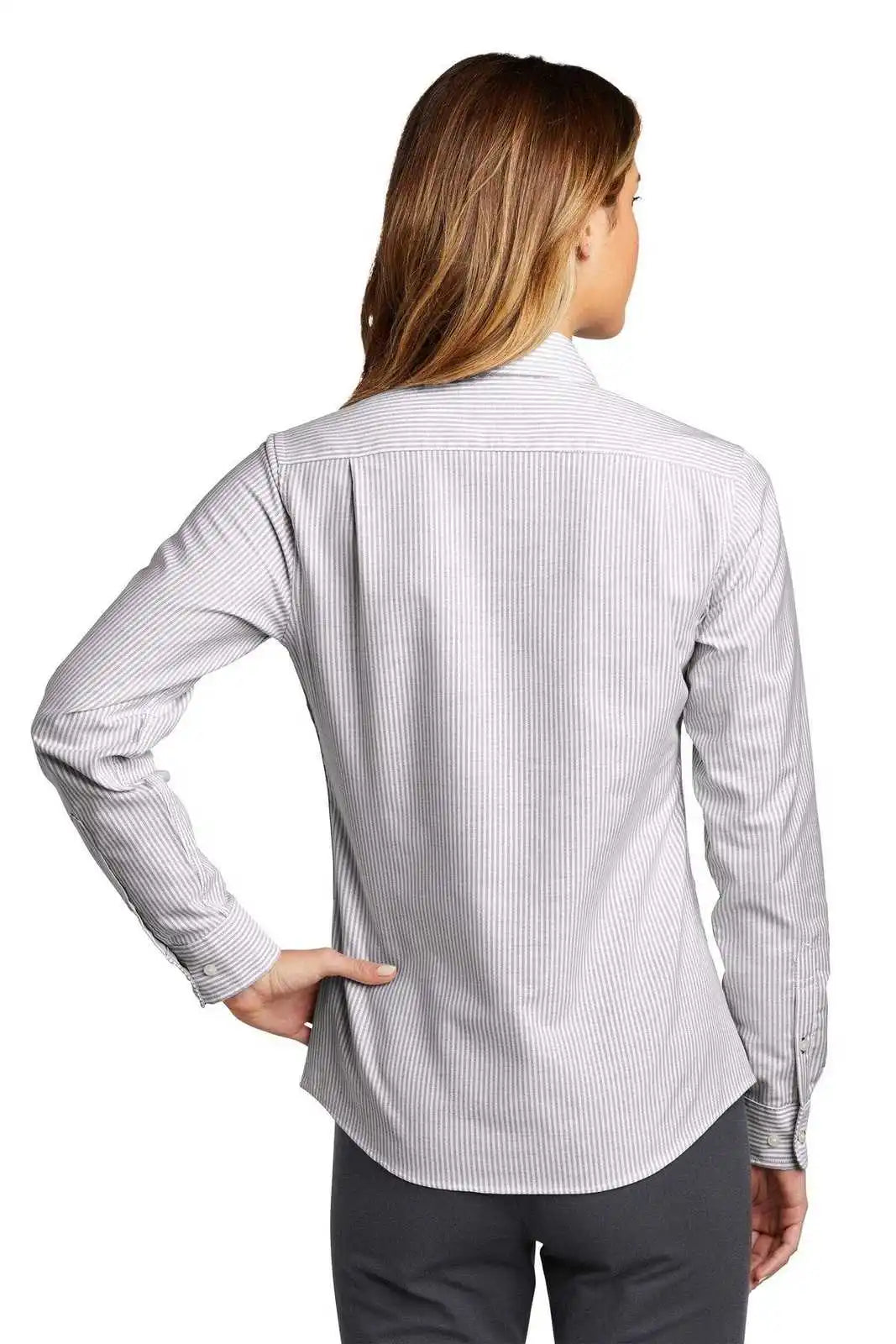 Port Authority Lw657 Ladies Superpro Oxford Stripe Shirt - Gusty Gray/ White