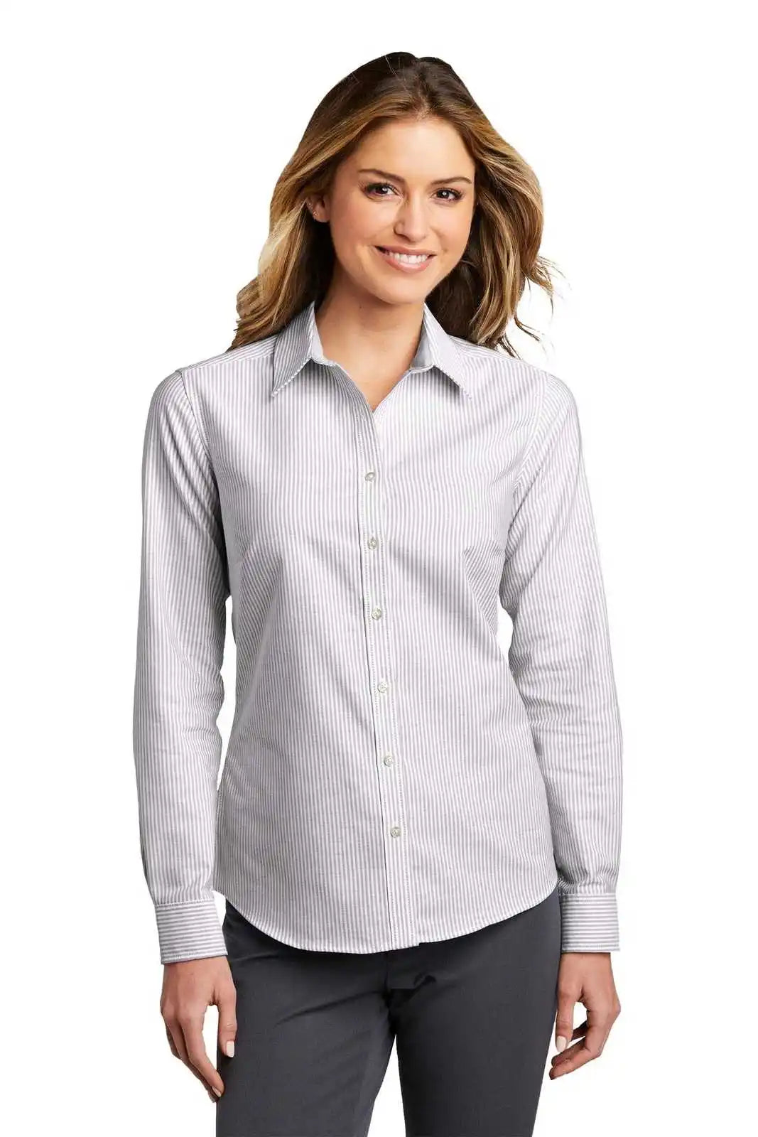 Port Authority Lw657 Ladies Superpro Oxford Stripe Shirt - Gusty Gray/ White