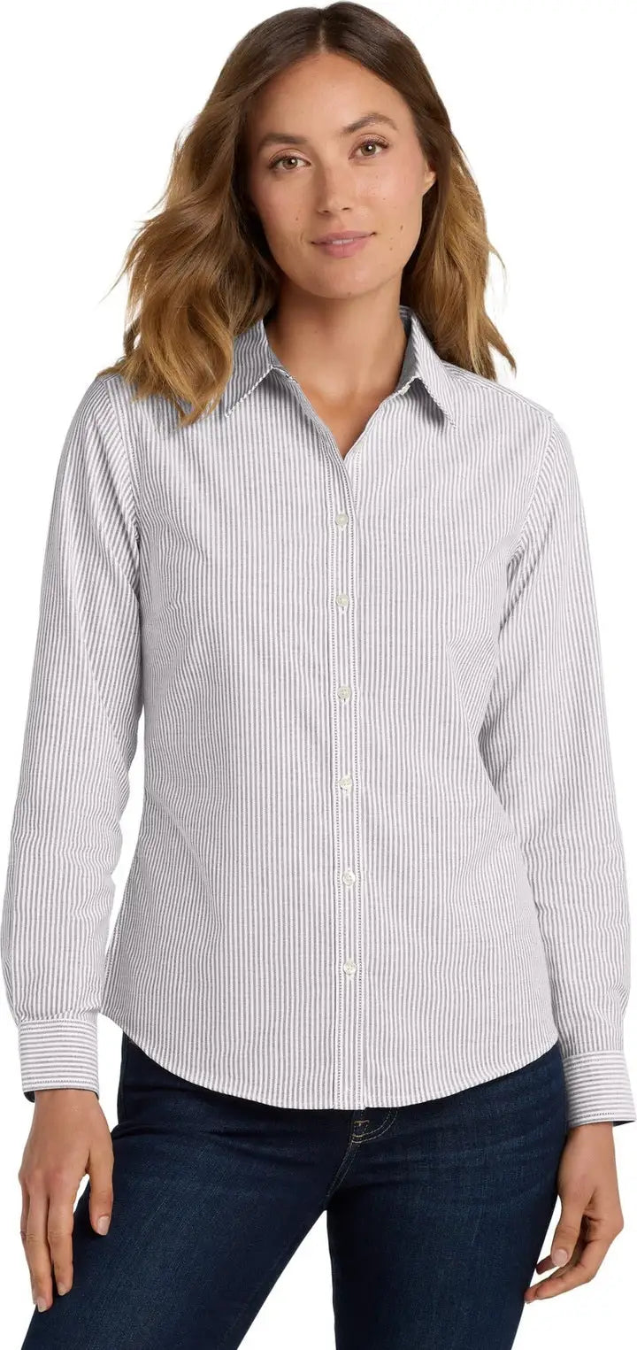 Port Authority Lw657 Women’s Superpro Oxford Stripe Shirt - Gusty Gray White