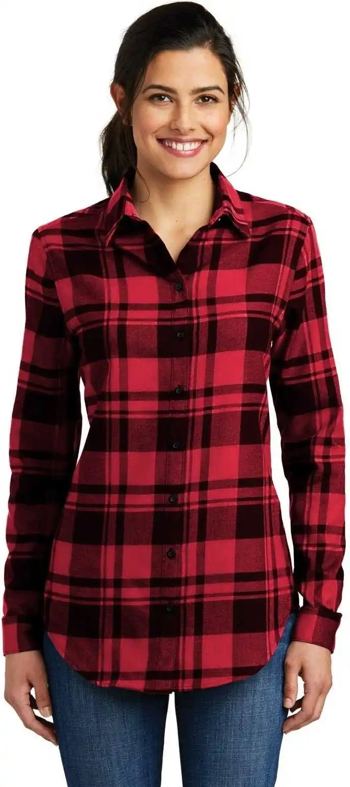 Port Authority Lw668 Ladies Plaid Flannel Tunic - Engine Red Black