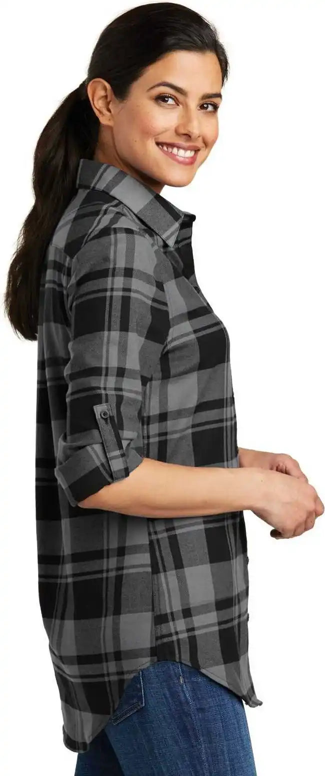 Port Authority Lw668 Ladies Plaid Flannel Tunic Gray Black