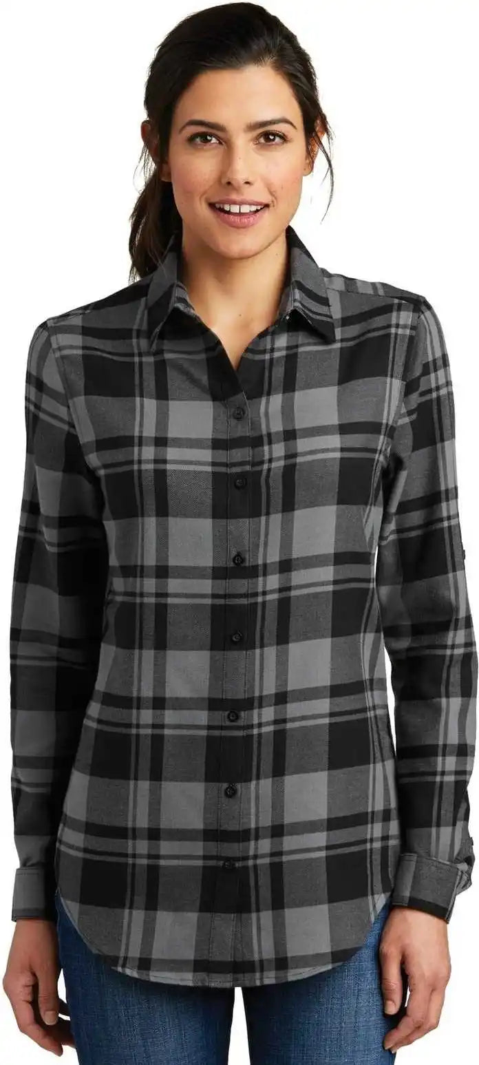 Port Authority Lw668 Ladies Plaid Flannel Tunic Gray Black
