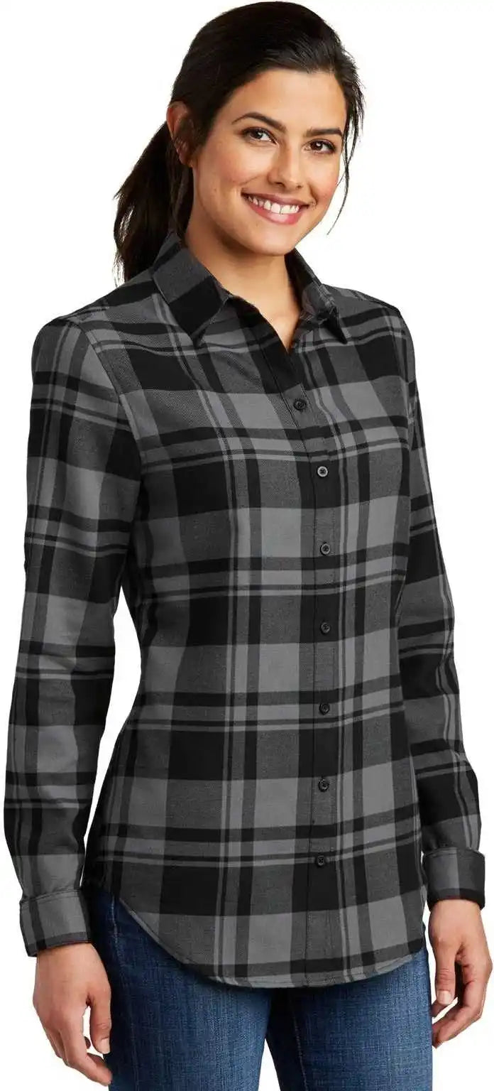 Port Authority Lw668 Ladies Plaid Flannel Tunic Gray Black
