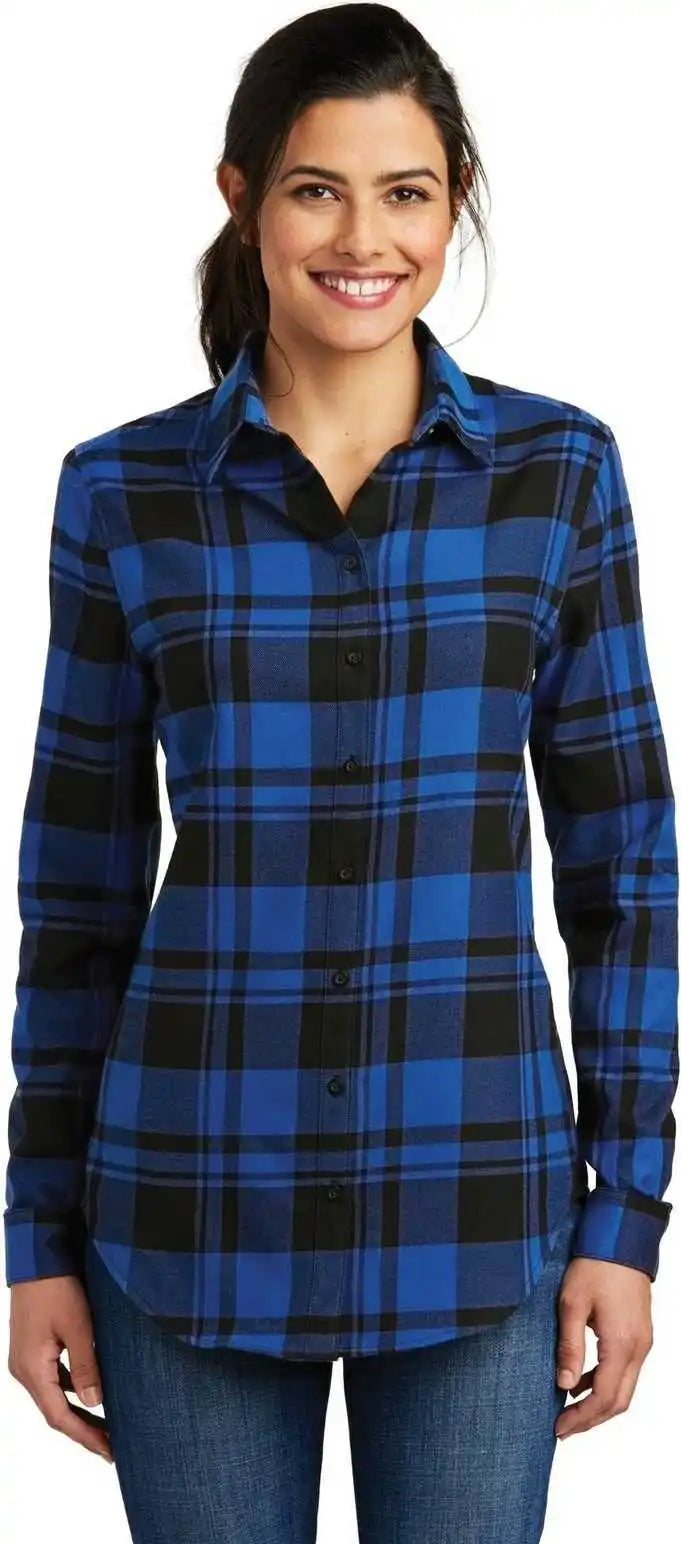 Port Authority Lw668 Ladies Plaid Flannel Tunic Royal Black