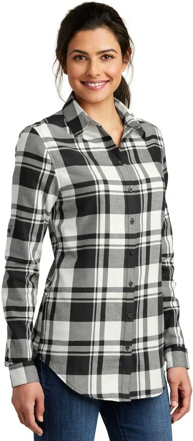 Port Authority Lw668 Ladies Plaid Flannel Tunic Snow White Black