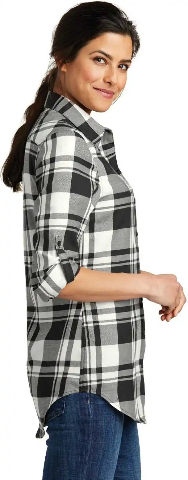 Port Authority Lw668 Ladies Plaid Flannel Tunic Snow White Black