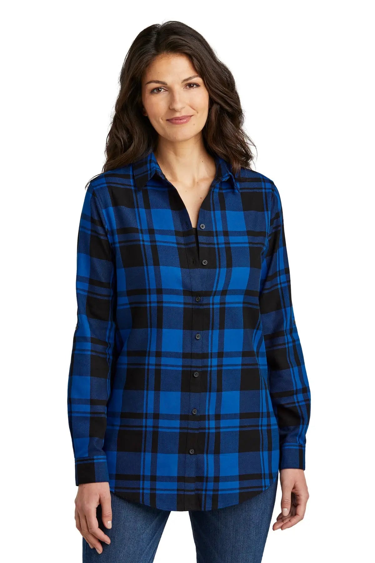 Port Authority Lw668 Women’s Plaid Flannel Tunic - Royal Black - Royal/ / Ladies Xs