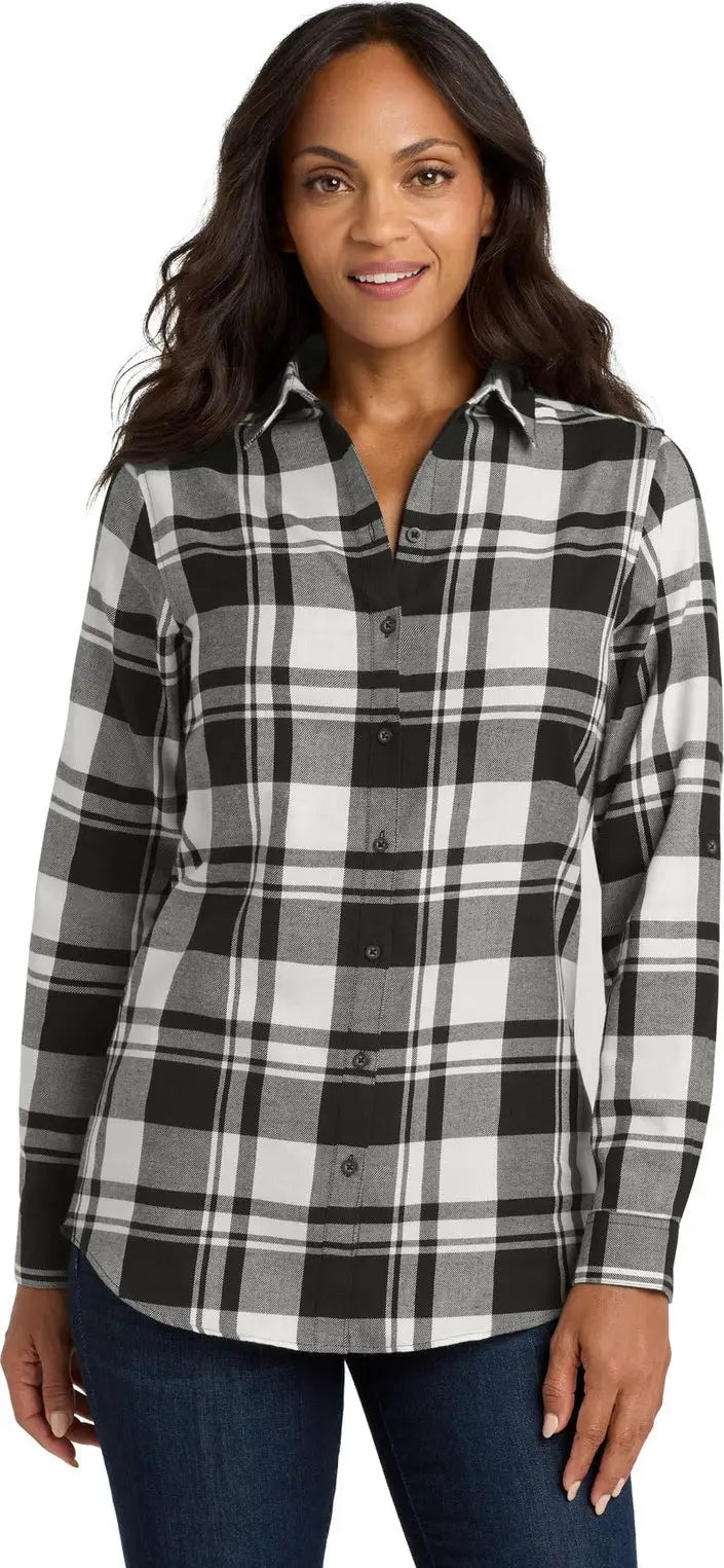 Port Authority Lw668 Women’s Plaid Flannel Tunic - Snow White Black
