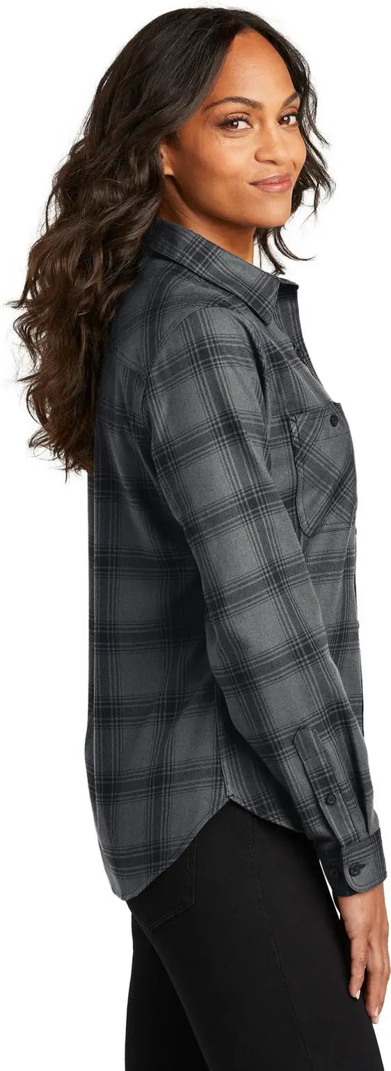 Port Authority Lw669 Women’s Plaid Flannel Shirt - Gray Black Open