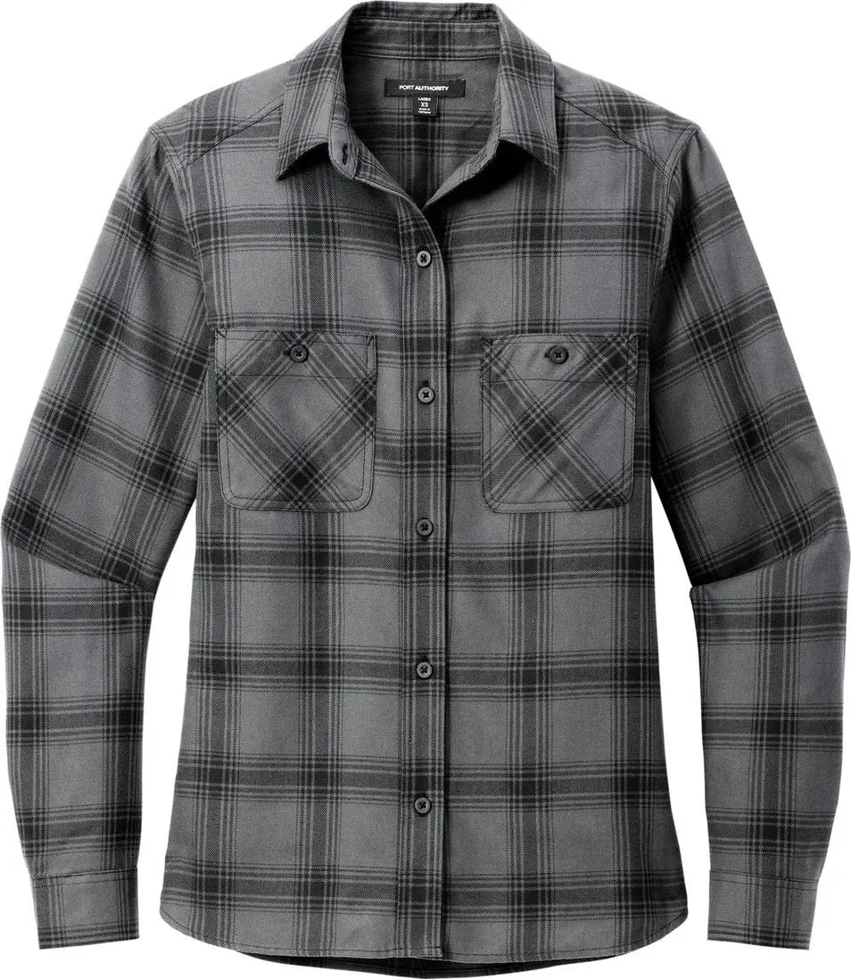 Port Authority Lw669 Women’s Plaid Flannel Shirt - Gray Black Open