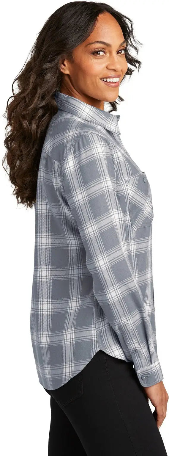 Port Authority Lw669 Women’s Plaid Flannel Shirt - Gray Cream Open