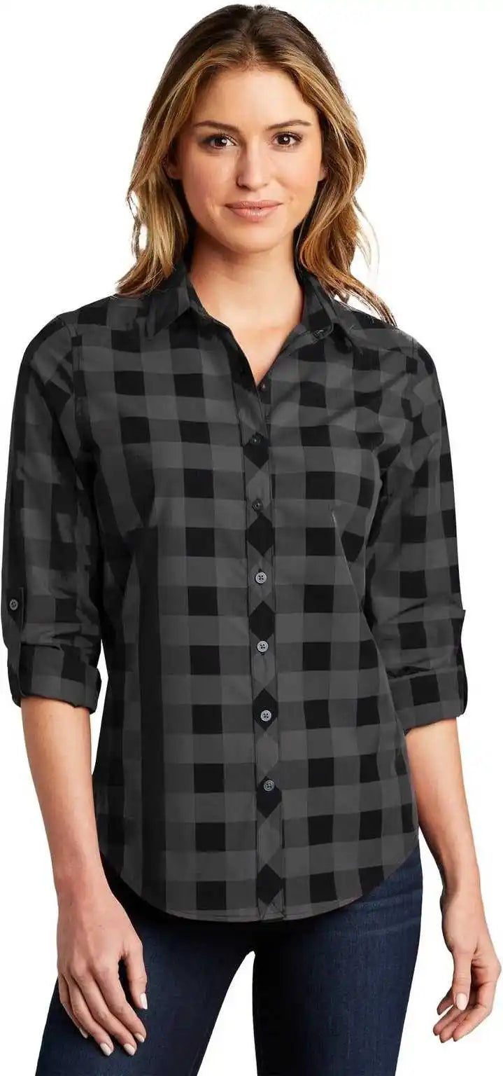 Port Authority Lw670 Ladies Everyday Plaid Shirt - Black