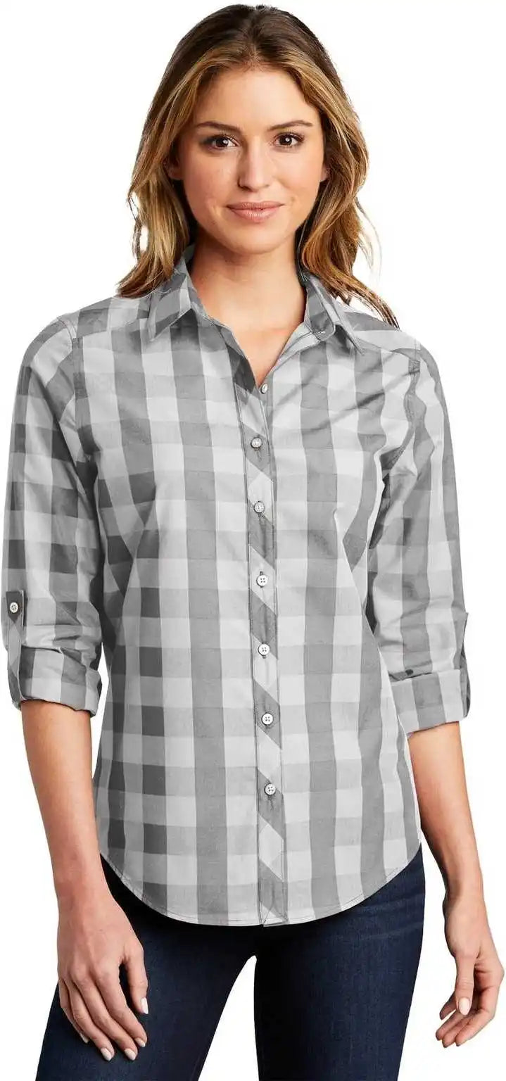 Port Authority Lw670 Ladies Everyday Plaid Shirt Shadow Gray